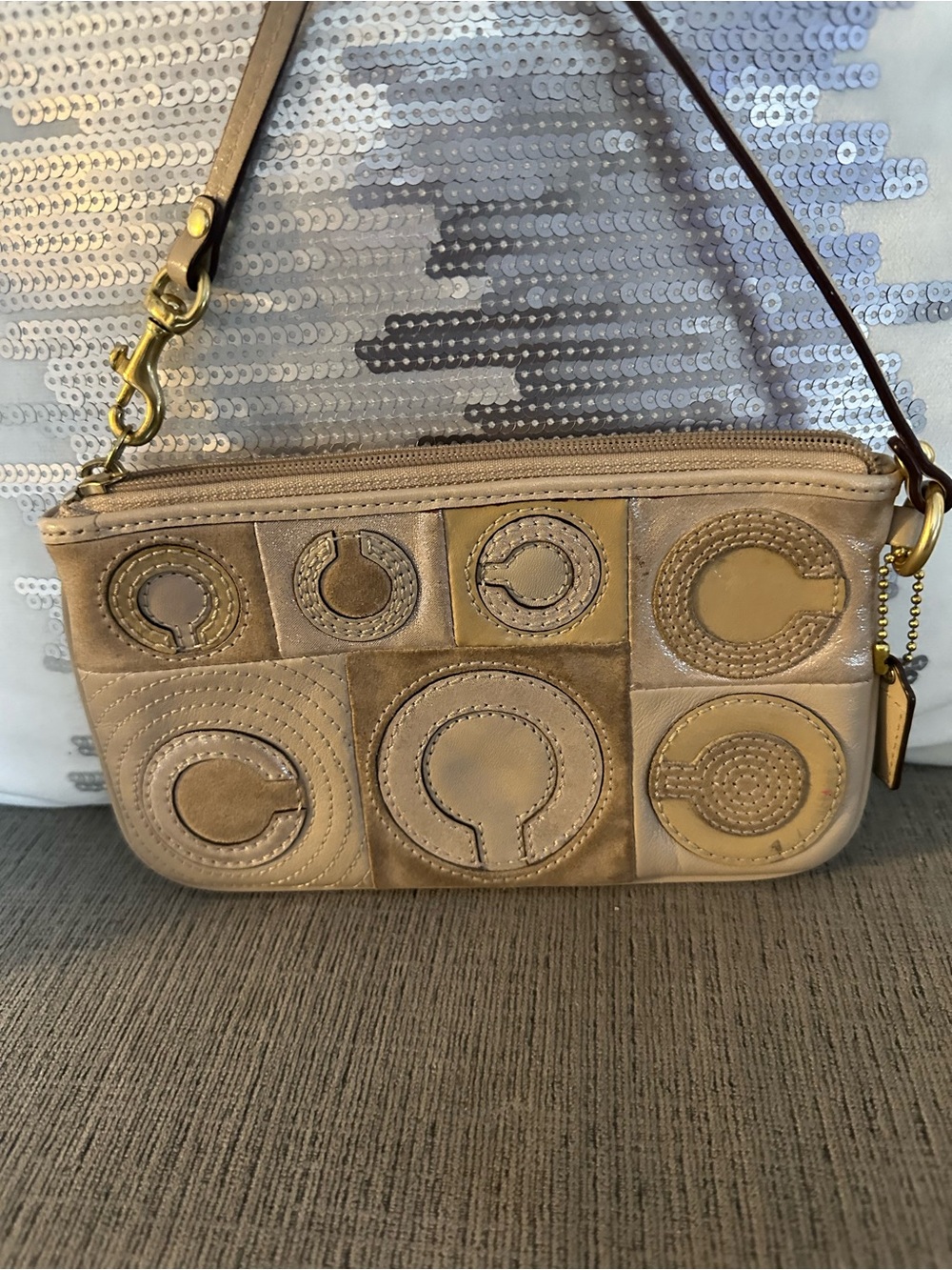 Coach Beige Tan Leather Wristlet Clutch with Circular Patchwork